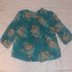 DR2 Teal 3/4 Sleeve Asian Floral Solit Neck Blouse L